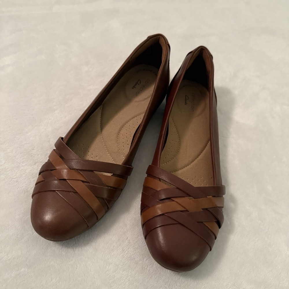 Clarks Sara Clover Mahogany Brown‎ Leather Woven Comfort Flats Women's Size 7.5M